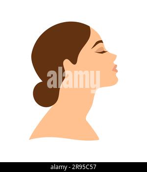 Portrait of a beautiful brown-haired woman with closed eyes on a white background. Side view. Flat vector illustration Stock Vector
