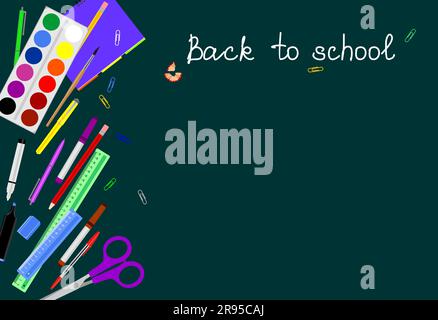 Multicolored school stationery accessories and white handwritten text back to school on a dark green background with copy space. Flat vector illustrat Stock Vector