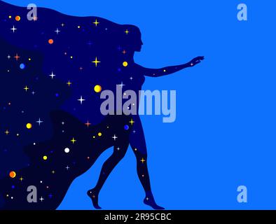 Stellar universe in the shape of a woman's profile silhouette in full height on a blue background. A woman comes out of space Stock Vector