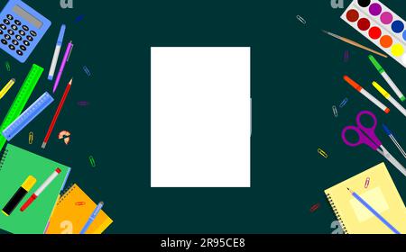 Multicolored school stationery accessories with a white sheet in the center on a dark green background. Flat vector illustration. Top view Stock Vector