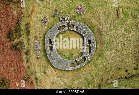 Edins Hall Broch above Whiteadder Water. Borders region, Scotland. Showing stone footings, intramural chambers and entrance of 2nd C broch. Aerial Stock Photo