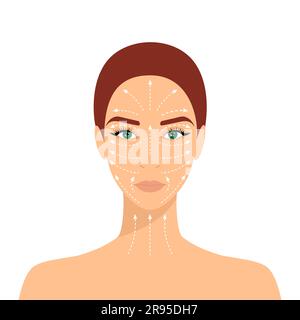 Beautiful woman with massage lines on face and neck isolated on a white background. Instructions for face and neck massage and face-building Stock Vector