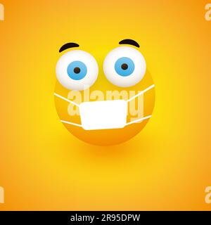 Emoji - Fearful, Concerned Emoticon with Pop Out Eyes and Medical Mask on Yellow Background - Vector Design Stock Vector