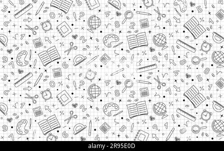 Graph white background with black hand drawn school stationery icons. Back to school concept. Vector illustration Stock Vector