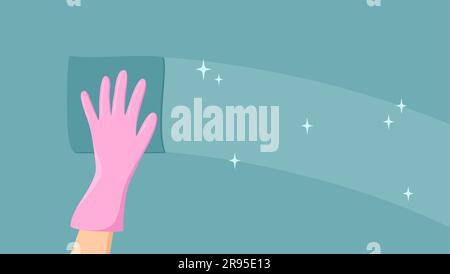 Hand in a pink rubber glove with a sponge cleaning a blue turquoise surface. Flat vector illustration Stock Vector