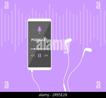Mobile smartphone with podcast app on screen and earphones on purple background with sound waves. Flat vector illustration Stock Vector