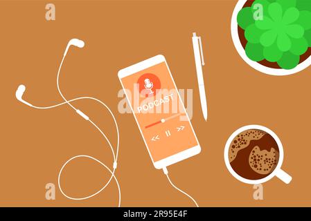 White smartphone with podcast app on screen, earphones, coffe cup, flowerpot and pen on orange background. Flat vector illustration Stock Vector