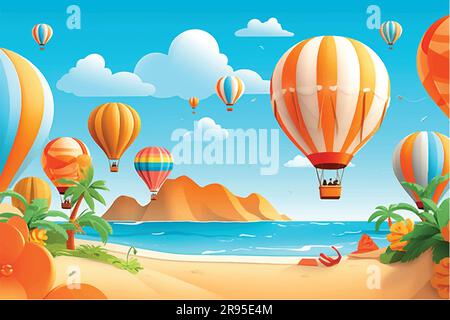 vector illustration of Summer vector banner design concept in beach island with summer elements and balloons in blue sky background Stock Vector