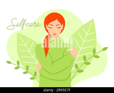 Beautiful caucasian woman with red hair and closed eyes hugs herself. The concept of self-love and self-care. Flat illustration in green color Stock Vector