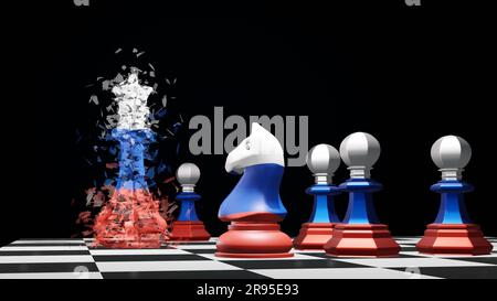 Putsch and military rebellion in Russia concept. Knight with pawns against the chess king. Chess pieces painted in Russian flag on a chessboard. 3D re Stock Photo