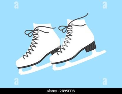 A pair of white ice figure skates with black laces and soles on a blue background. Flat vector illustration Stock Vector