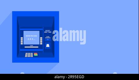 Blue ATM machine on blue background with copy space. Vector illustration Stock Vector