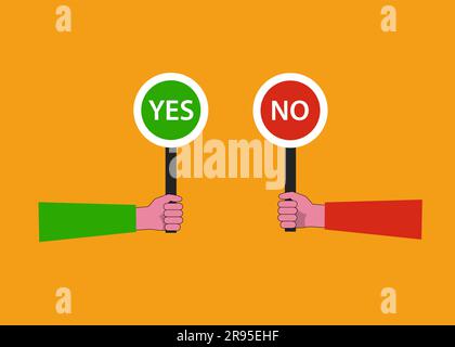 Cartoon vector illustration of Yes No banner in human hand on white background Stock Vector