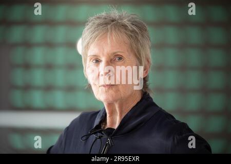 24 June 2023, Hesse, Frankfurt/Main: Tina Theune-Meyer, national coach of the 2003 women's national team, stands during a meeting to mark the 20th anniversary of the 2003 World Cup for German women soccer players at the DFB campus. Photo: Sebastian Christoph Gollnow/dpa Stock Photo