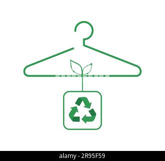 A green hanger with a recycle sign and leaves. Slow fashion concept. Vector illustration Stock Vector