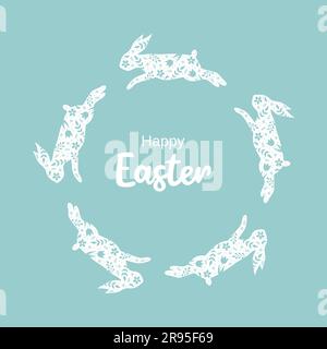 Easter greeting card. Round frame of jumping Easter bunnies with floral pattern. Vector illustration in flat style Stock Vector