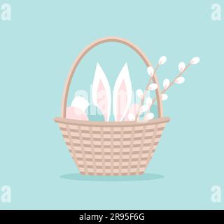 Easter basket with eggs, rabbit ears and branches of willow blossom. Vector illustration in flat style Stock Vector