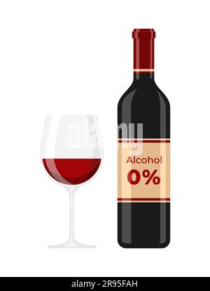 A bottle and a glass of non-alcoholic wine on a white background. Flat vector illustration Stock Vector