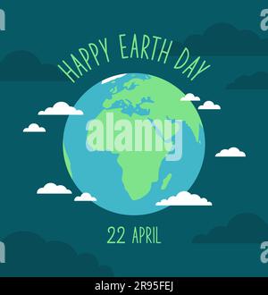 Globe of the planet Earth with clouds around on a dark blue background. Happy Earth Day greeting card. Flat vector illustration Stock Vector