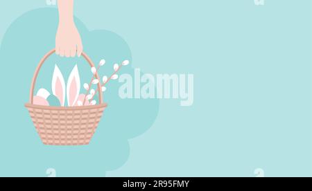 Hand holding Easter basket with eggs, rabbit ears and branches of willow blossom, copy space. Vector illustration in flat style Stock Vector