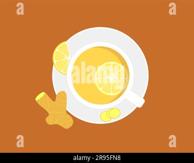 Ginger tea in a white cup and ginger root with lemon. Warming drink to strengthen the immune system. Top view. Flat vector illustration Stock Vector