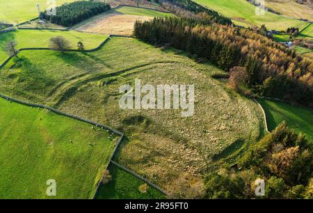 Torwoodlee prehistoric broch circular stone foundation circa 100 AD inside ramparts of older Iron Age fort. Near Galashiels, Borders region, Scotland Stock Photo