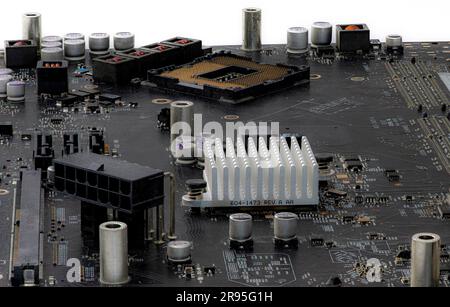 Macro shot of a very well used computer circuit board. Stock Photo