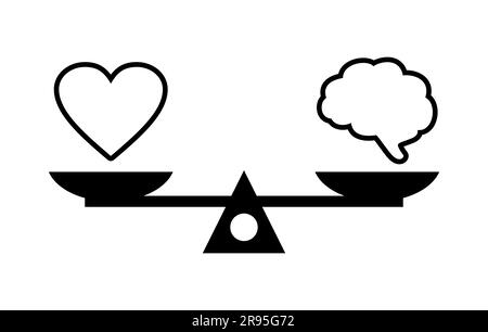 Heart and brain on scales. Balance of emotions and mind. Black and white vector illustration Stock Vector