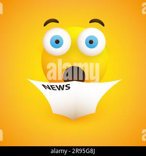 Surprising News - Emoticon with Pop Out Eyes Reads a Newspaper - Simple Emoticon on Yellow Background - Vector Design Stock Vector