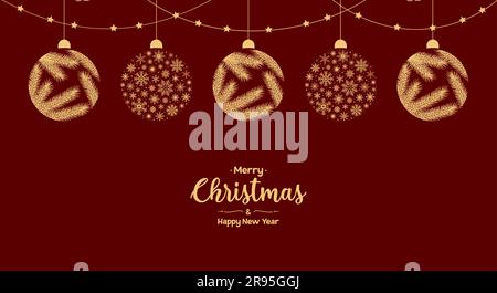 Christmas and New Year greeting card. Frame of Christmas balls with a snowflakes and fir branches pattern on a red burgundy background. Vector illustr Stock Vector