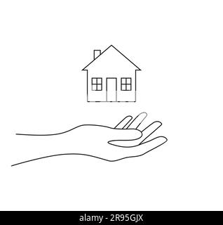 Hand holding a house on a white background. Vector illustration in linear style Stock Vector