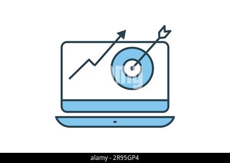 Project task management icon. laptop and target. effective time planning, icon related to target market, digital marketing. Flat line icon style desig Stock Vector