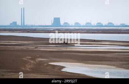 Terrible Disaster Ecocide landscape of dried up Kakhovka Reservoir in Zaporizhzhia region as a result of Kakhovka Dam damaging on 6 June 2023 with Zap Stock Photo