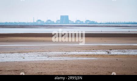 Terrible Disaster Ecocide landscape of dried up Kakhovka Reservoir in Zaporizhzhia region as a result of Kakhovka Dam damaging on 6 June 2023 with Zap Stock Photo