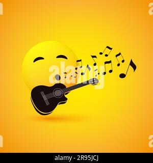 Singing or Whistling Emoticon, Face With Smiling Eyes and  Guitar on Yellow Background - Vector Design Stock Vector