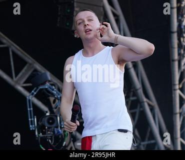 British rapper Aitch performing on the Pyramid Stage, at the ...