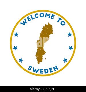 Welcome to Sweden stamp. Grunge country round stamp with texture in Wing Commander color theme. Vintage style geometric Sweden seal. Stylish vector il Stock Vector