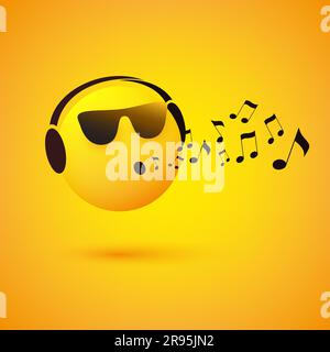 Singing or Whistling Emoticon, Face With Sunglasses and Headphones on Yellow Background - Vector Design Concept Stock Vector