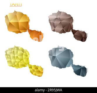 Set of vector polygonal maps of Tahiti. Bright gradient map of island in low poly style. Multicolored Tahiti map in geometric style for your infograph Stock Vector