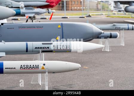 MBDA Meteor, MBDA ASRAAM, MBDA Storm Shadow, Scalp. Missiles on display illustrating capability of RAF Typhoon jet fighters. Weapons Stock Photo