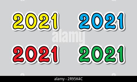 Set of 2021 logo in yellow, red, blue and green colors with 3D effect on a gray background Stock Vector