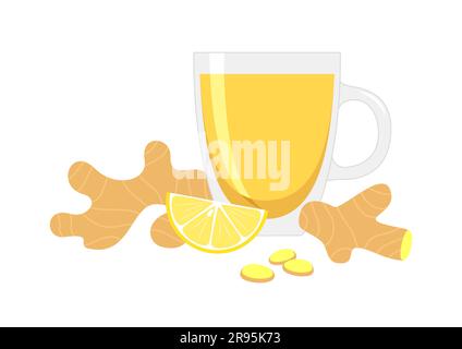 Ginger tea in a glass cup and ginger root with lemon on a white background. Warming drink to strengthen the immune system. Flat vector illustration Stock Vector