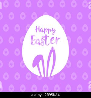White egg with easter bunny ears on a purple patterned background. Happy Easter greeting card Stock Vector
