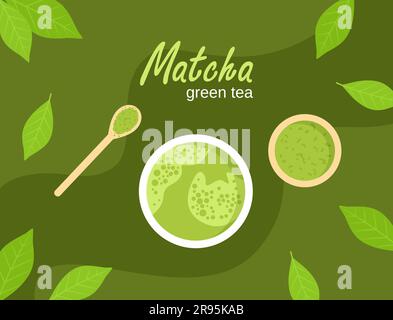 Japanese green matcha tea in a cup, powder in a saucer, bamboo spoon and scattered leaves on green background. Top view Stock Vector