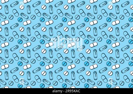 Pills and capsules of different shapes on a blue background. Seamless vector pattern Stock Vector