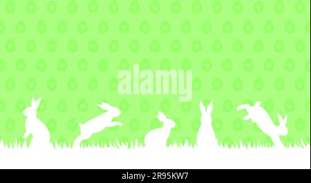 White rabbits in a grass on a light green patterned background with a copy space Stock Vector