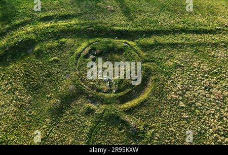 Torwoodlee prehistoric broch circular stone foundation circa 100 AD beside ramparts of older Iron Age fort. Showing entrance and intramural chambers Stock Photo