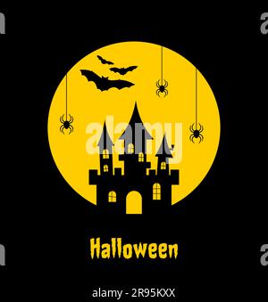 Black silhouettes of castle, spiders and bats on a background of yellow full moon. Halloween flat illustration Stock Vector