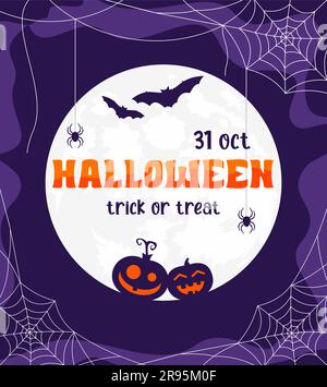 Pumpkins, bats and spiders on white cobweb with full moon on a purple background. Halloween announcement poster Stock Vector