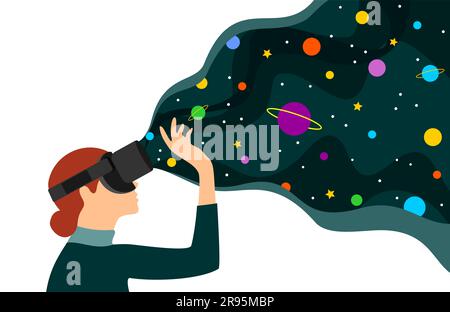 Red haired woman in vr glasses looking at space above her. Virtual reality concept. Flat vector illustration Stock Vector